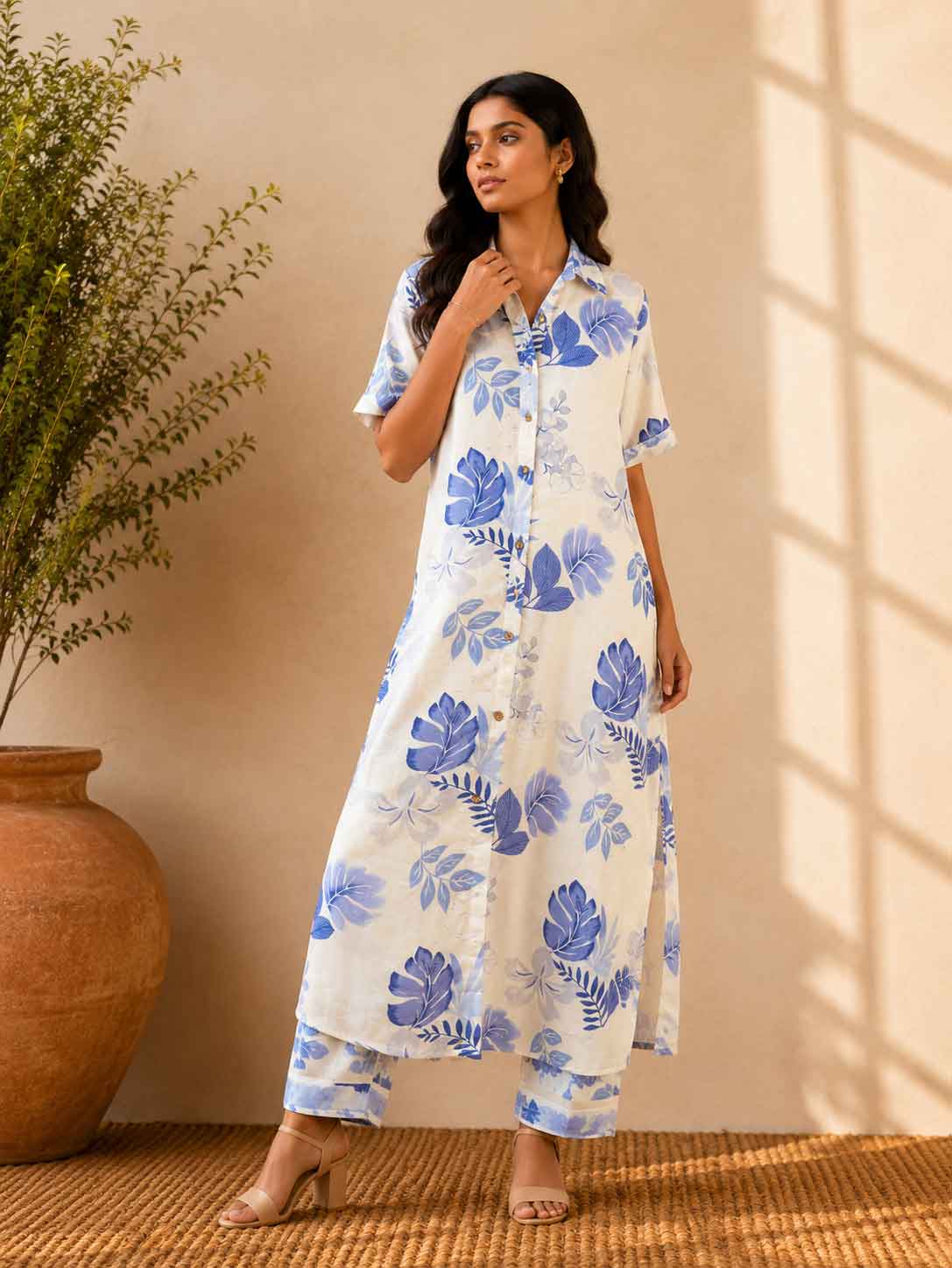 Blue & White Floral Printed Kurta for Women | Collared Kurta