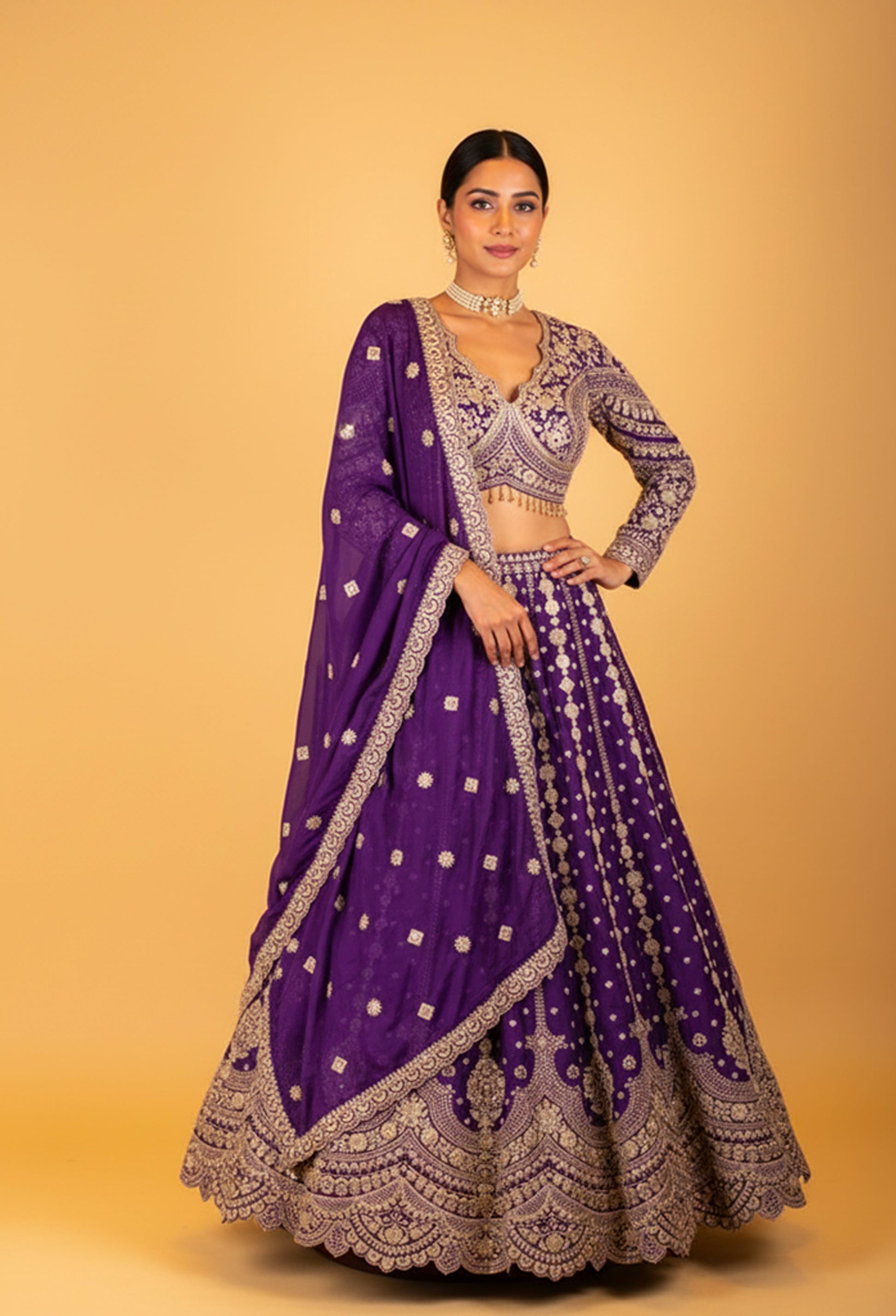 Royal Purple | Royal purple heavy embroidered bridal lehenga with full-sleeve blouse – product image 1 | 1