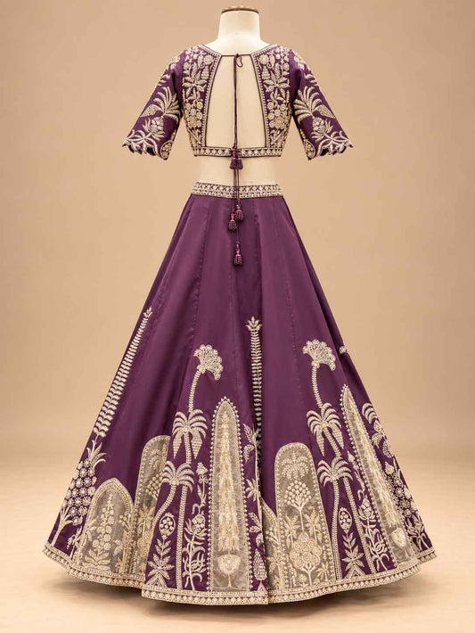 Deep Purple Embroidered Lehenga Set with Draped Dupatta for Women