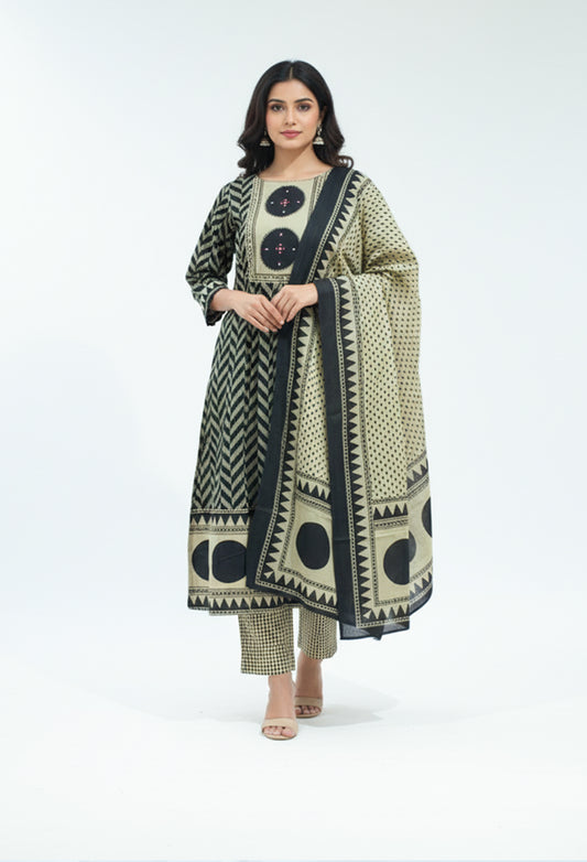Black and beige printed kurta pant set with dupatta for women – product image 2