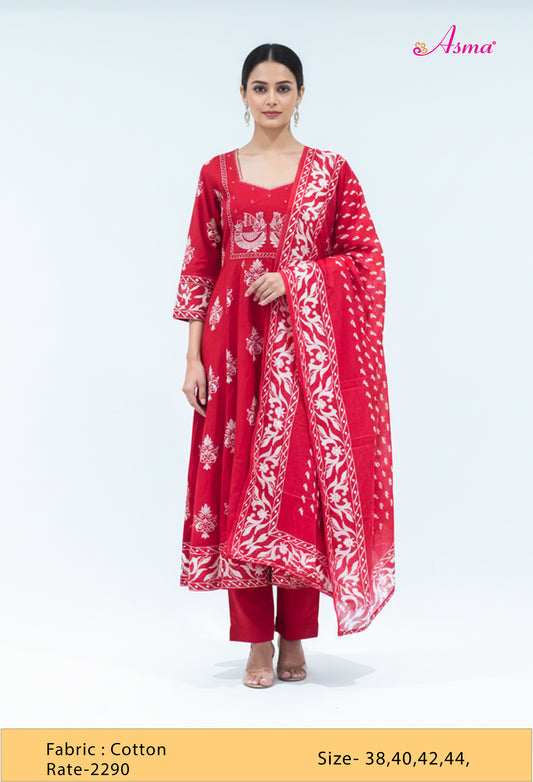 Red Printed Anarkali Kurta Set with Dupatta & Straight Pants for Women