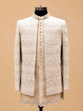 Ivory Designer Sherwani Set for Men with Intricate Embroidery & Mandarin Collar