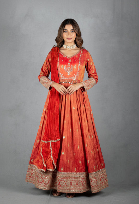 Orange Hand-Embroidered Silk Anarkali Set with Matching Dupatta