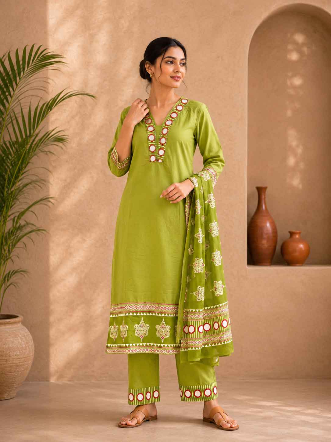 Green Printed Kurta Pant Set with Dupatta for Women | Elegant Ethnic Wear