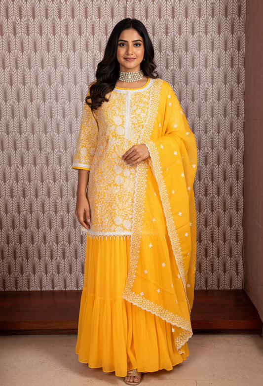 Elegant Yellow Embroidered Kurti with Flared Skirt - Traditional Indian Ethnic Wear