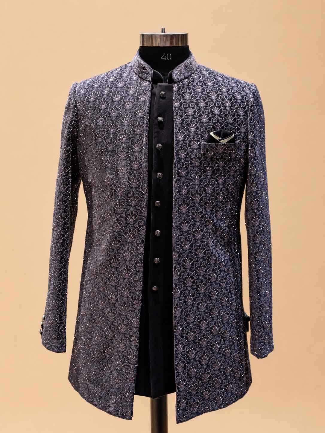 Navy Blue Designer Sherwani Set for Men with Intricate Embroidery