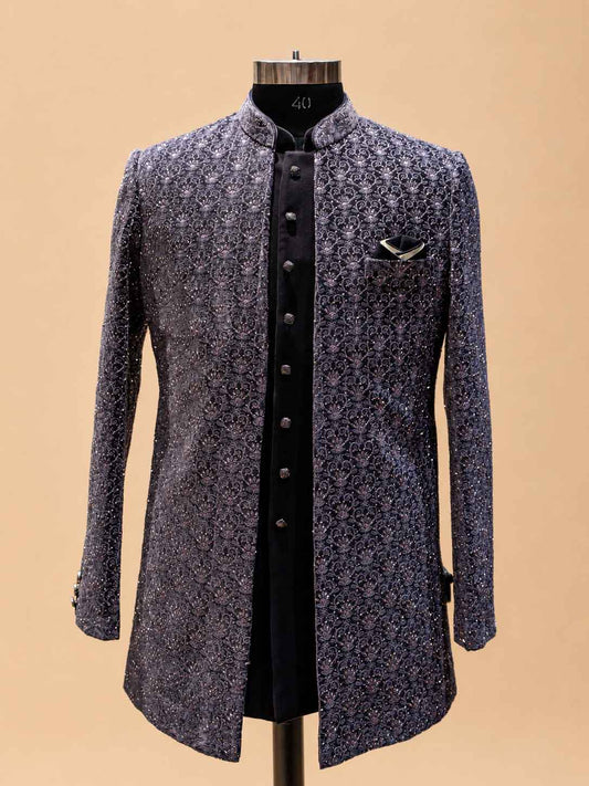 Men's navy blue designer sherwani with intricate embroidery - view 2