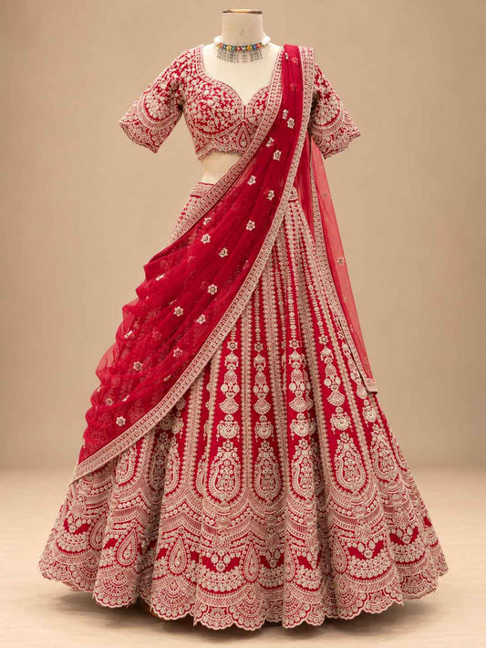 Red Embroidered Bridal Lehenga Set with Matching Dupatta for Women