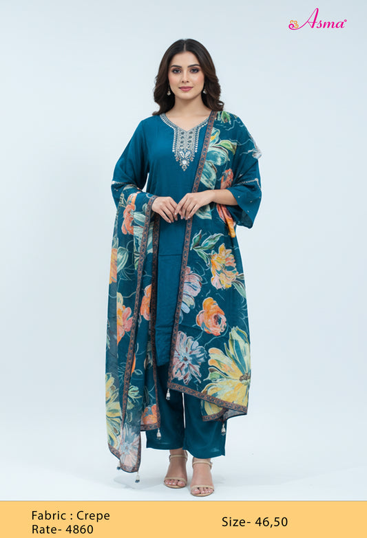 Teal Blue Embellished Kurta Set with Floral Dupatta & Pants for Women (K10267-313)
