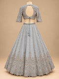 Silver Grey & Navy Blue Embroidered Lehenga Set with Dupatta for Women