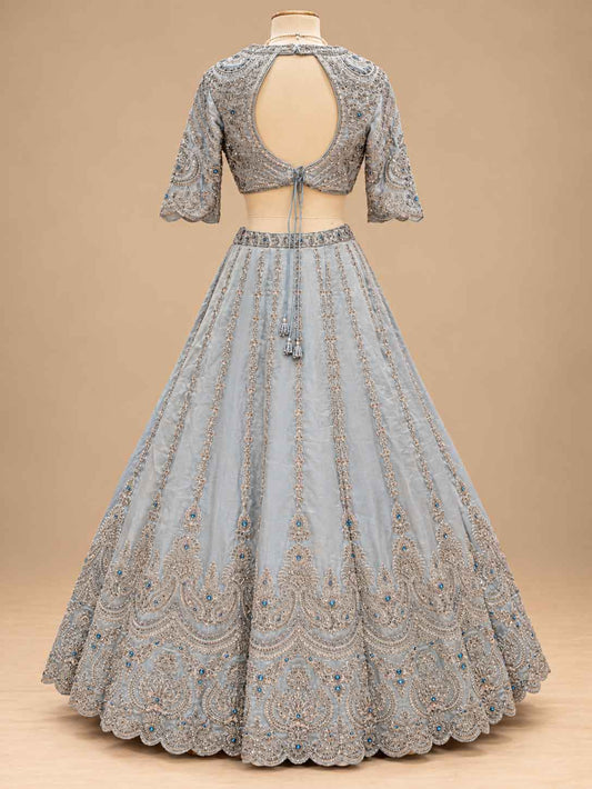 Silver Grey & Navy Blue Embroidered Lehenga Set with Dupatta for Women