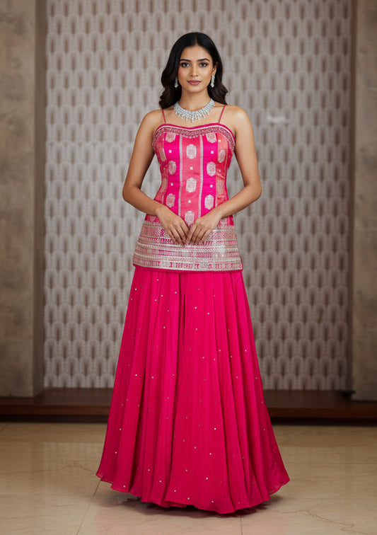 Hot Pink Embroidered Indo-Western Lehenga Set with Strappy Blouse – Trendy Partywear for Wome