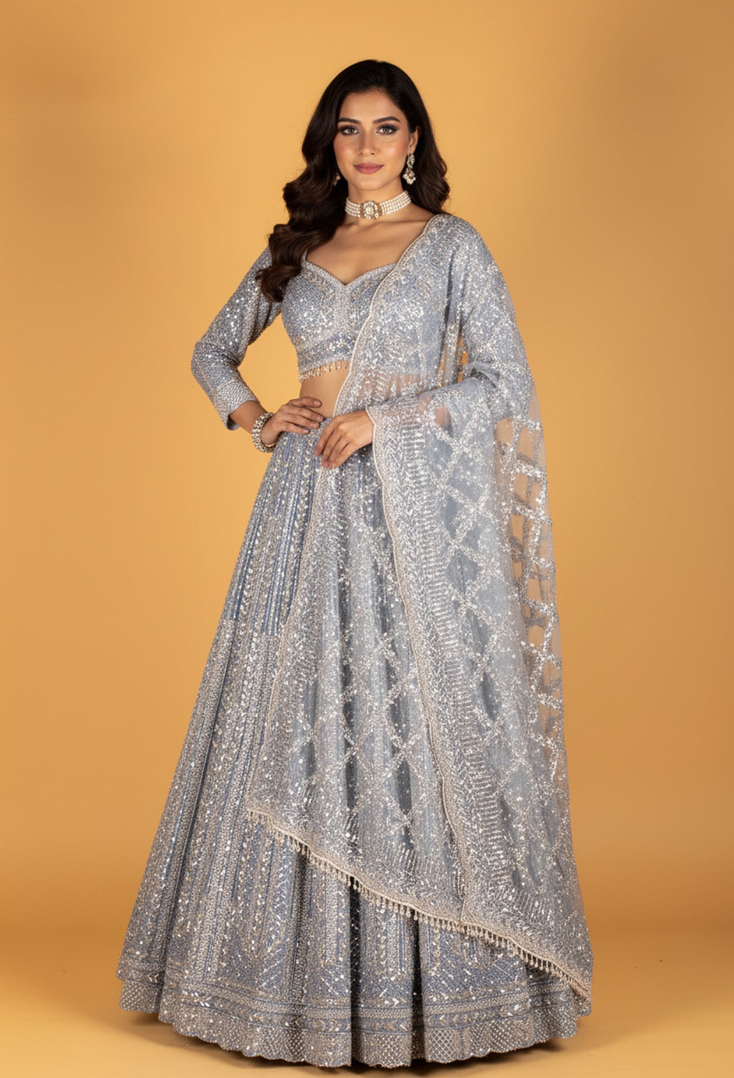 Ice Blue All-Over Mirror & Sequin Embroidered Lehenga with Long-Sleeve Crop Top & Designer Dupatta