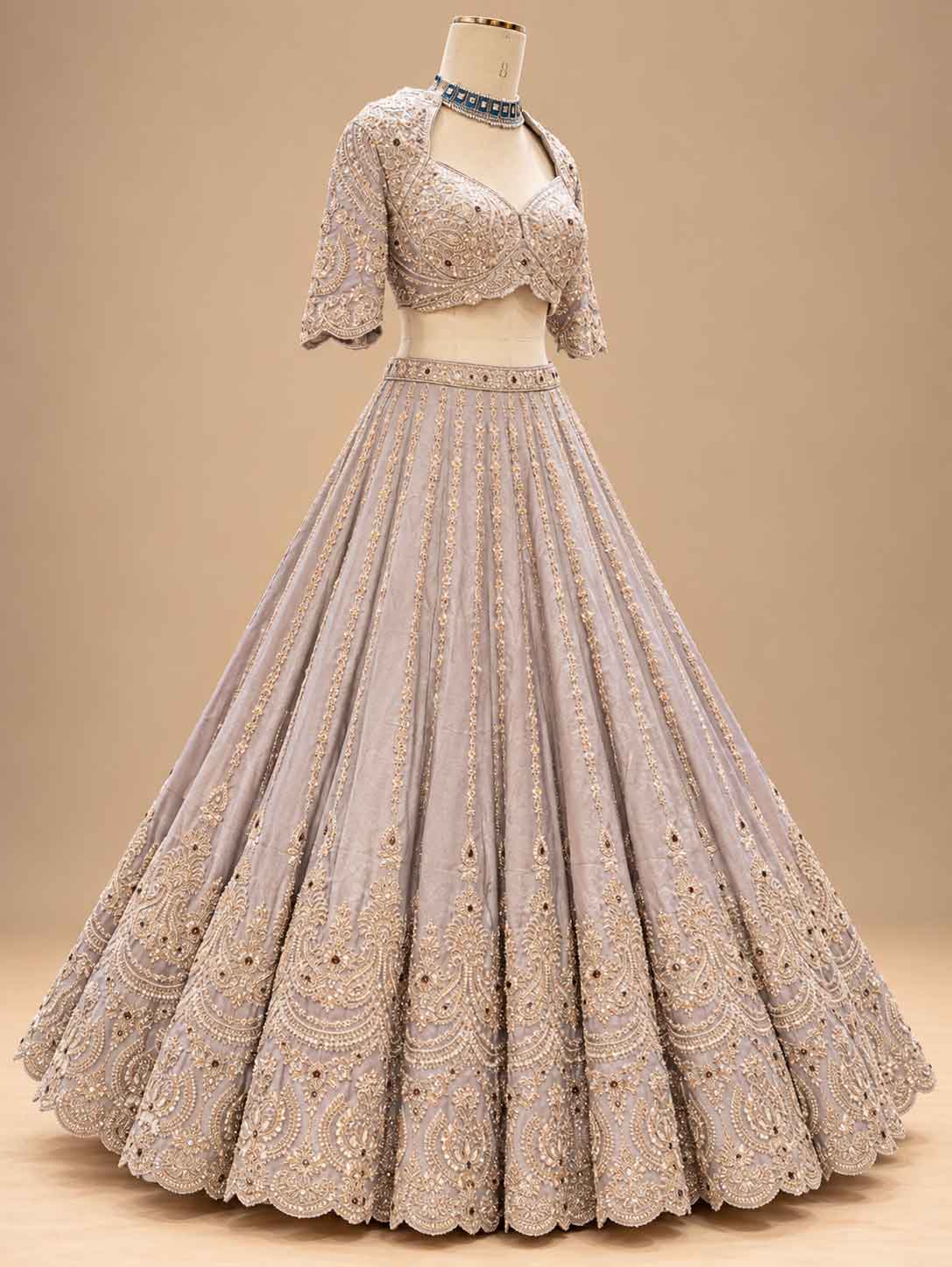 Champagne Grey Embroidered Lehenga Set with Brown Dupatta for Women