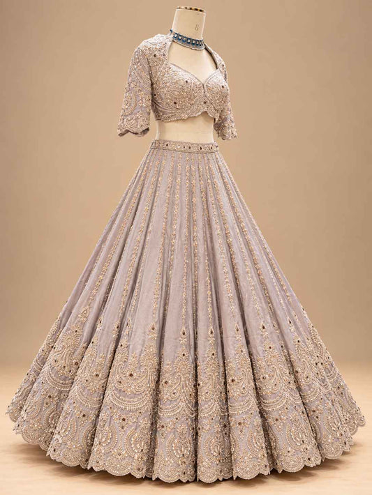 Champagne Grey Embroidered Lehenga Set with Brown Dupatta for Women