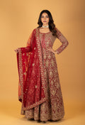 Royal Red Hand-Embroidered Bridal Anarkali with Heavy Zari & Sequins Work