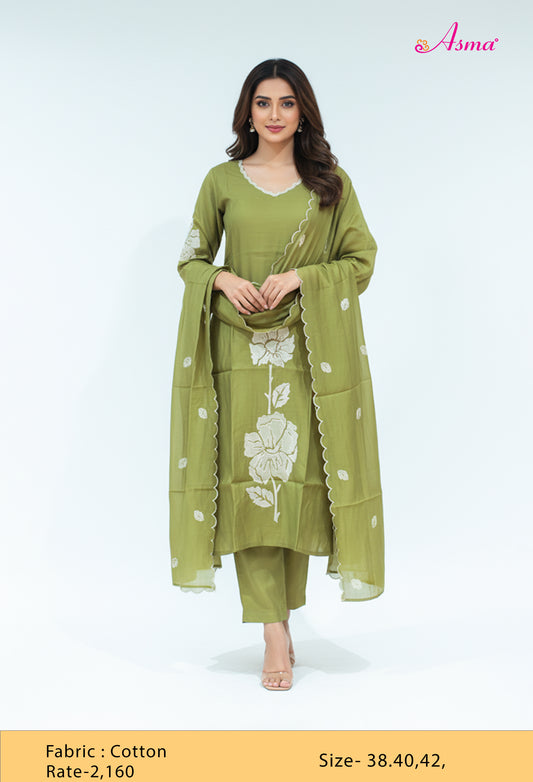 Olive Green Floral Embroidered Kurta Set with Dupatta & Pants for Women (K11053-313)