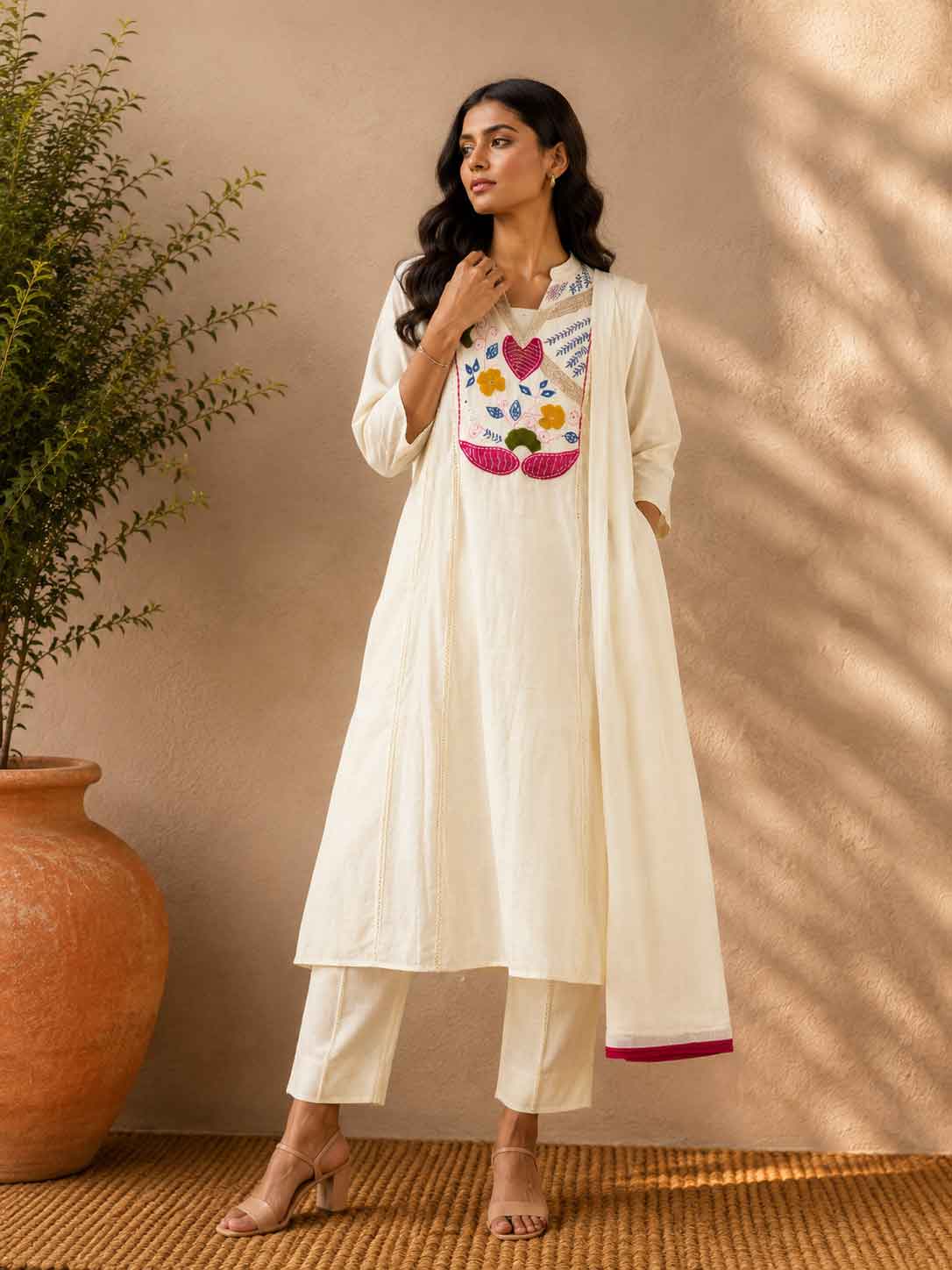 Ivory White Embroidered Kurta Set for Women with Pants & Dupatta | Floral Printed Ethnic Suit Set