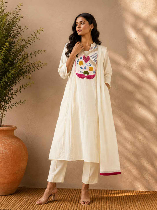 Front view of Ivory White Embroidered Kurta Set for Women with Pants & Dupatta by ASMA, Bengaluru