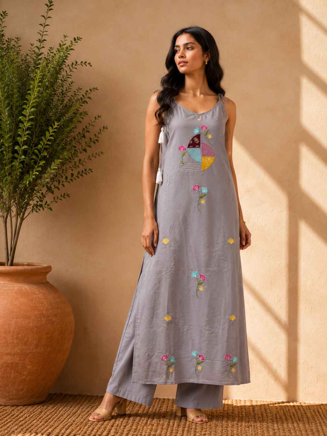 Grey Embroidered A-Line Kurta Pant Set for Women | Pastel Floral Ethnic Co-Ord Set