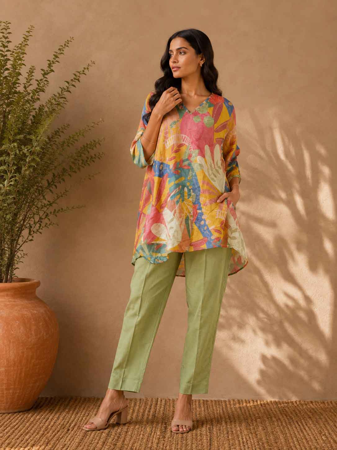 Multicolour Printed Asymmetric Kurta with Sage Green Pants for Women | Contemporary Ethnic Wear