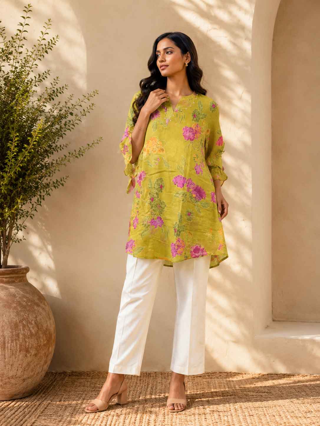 Lime Green Floral Printed Kurta with White Pants | Stylish Women’s Ethnic Set