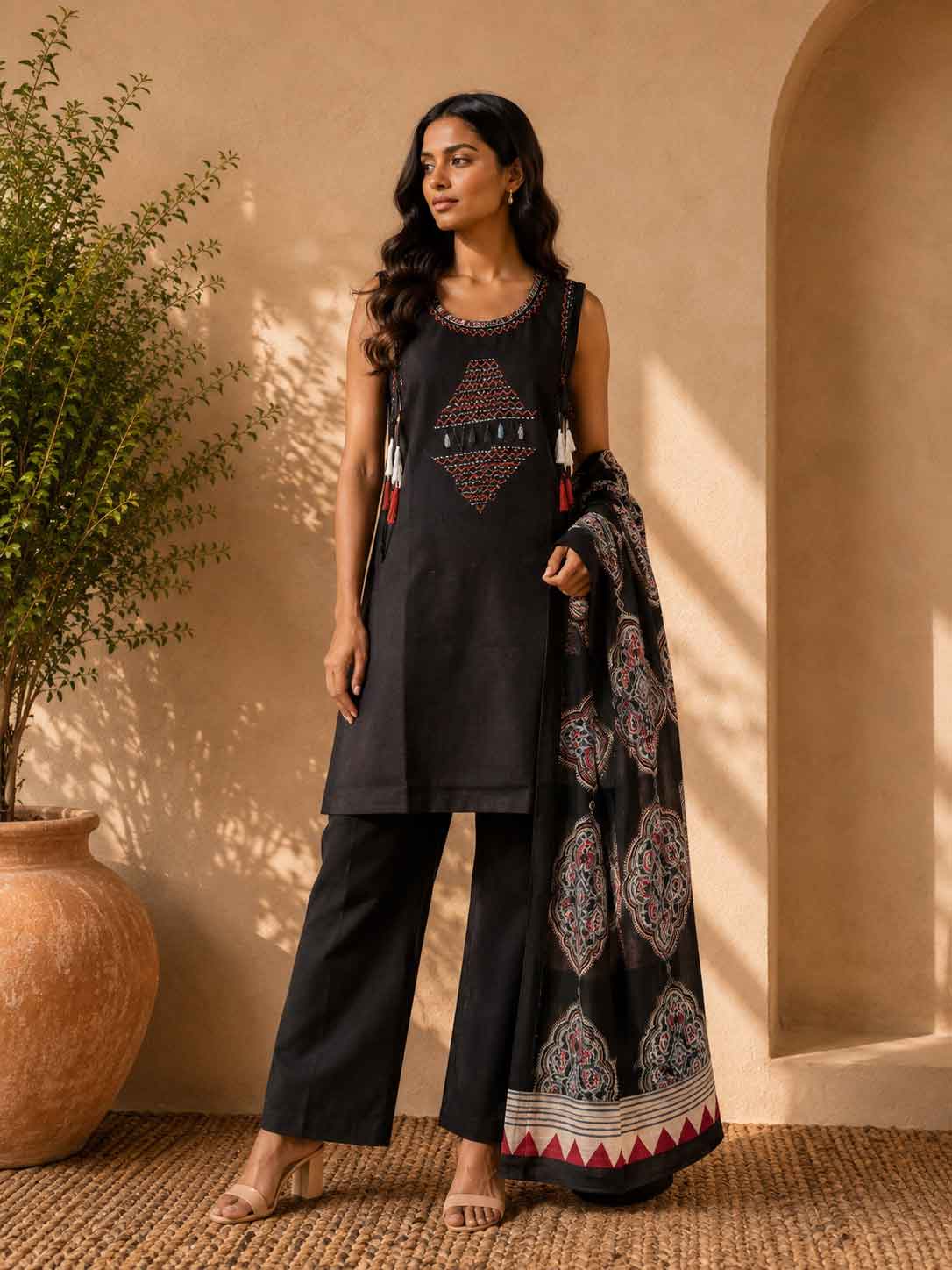 Black Embroidered Kurta Pant Set with Printed Dupatta for Women | Elegant Ethnic Wear