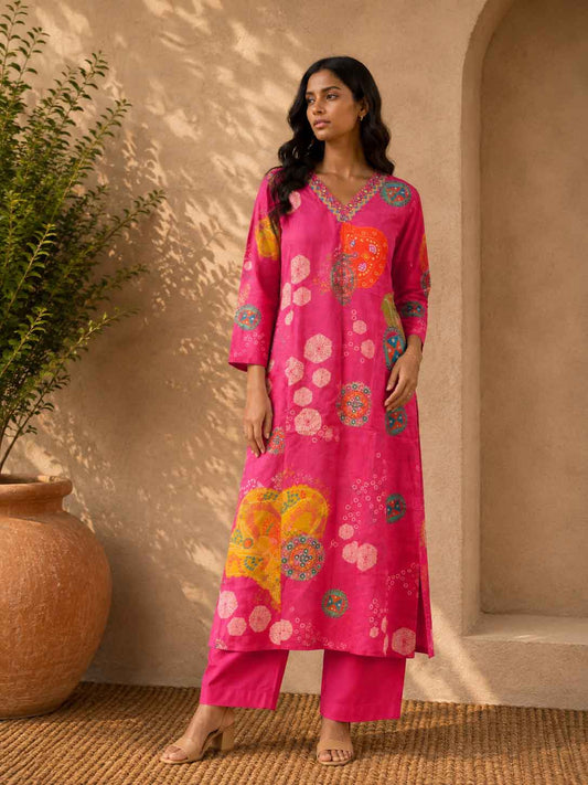 Front view of Fuchsia Pink Printed Straight Kurta with Matching Pants by ASMA, Bengaluru