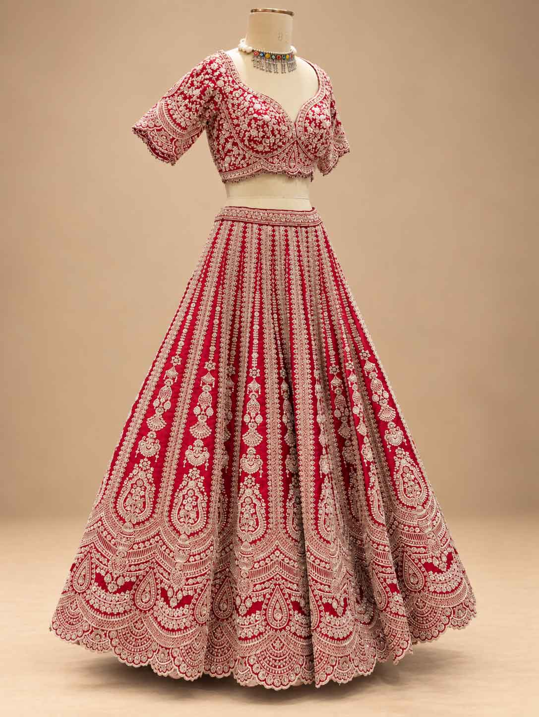 Red Embroidered Bridal Lehenga Set with Matching Dupatta for Women