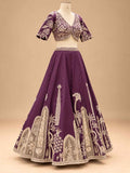 Deep Purple Embroidered Lehenga Set with Draped Dupatta for Women
