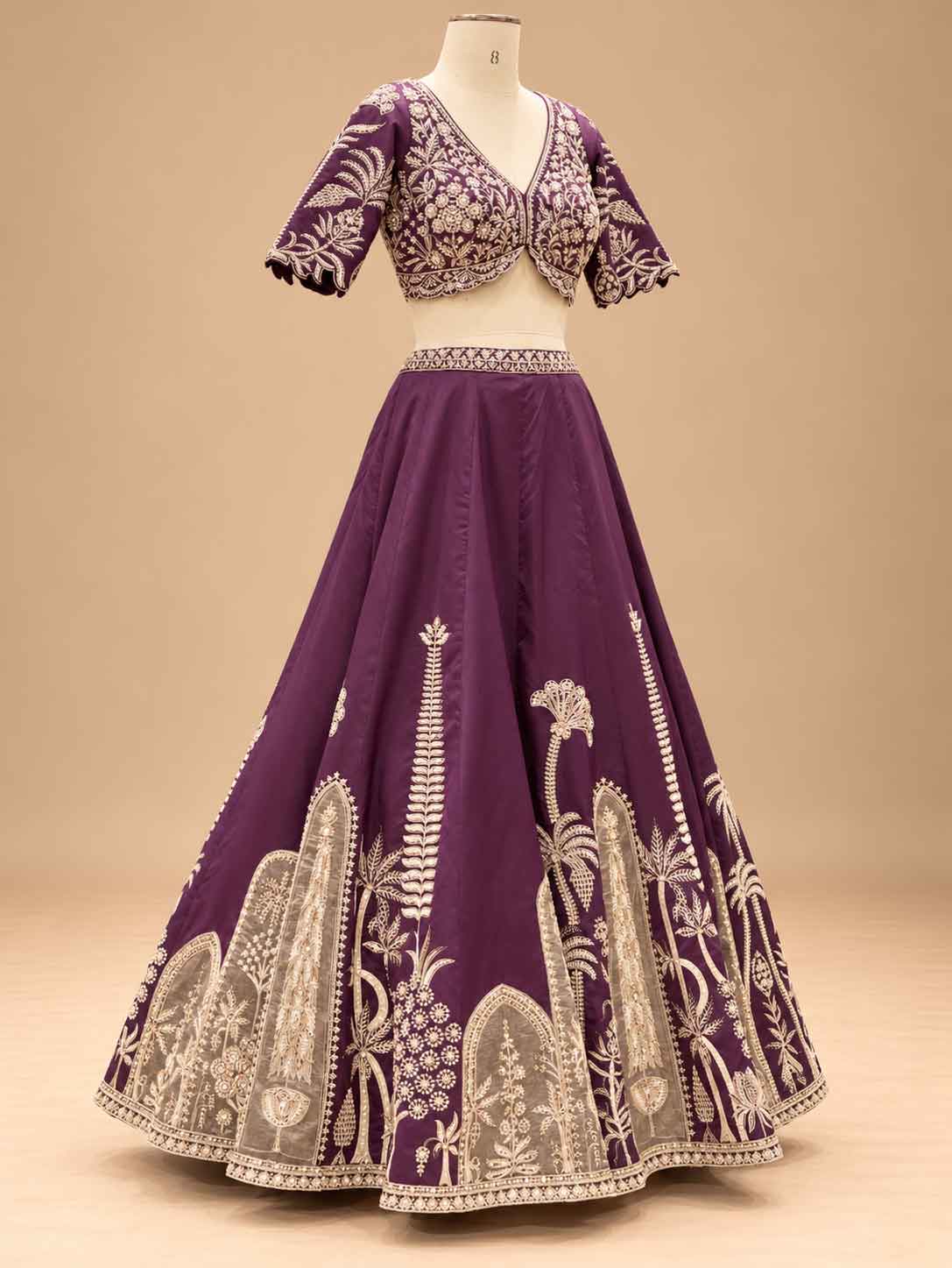 Deep Purple Embroidered Lehenga Set with Draped Dupatta for Women