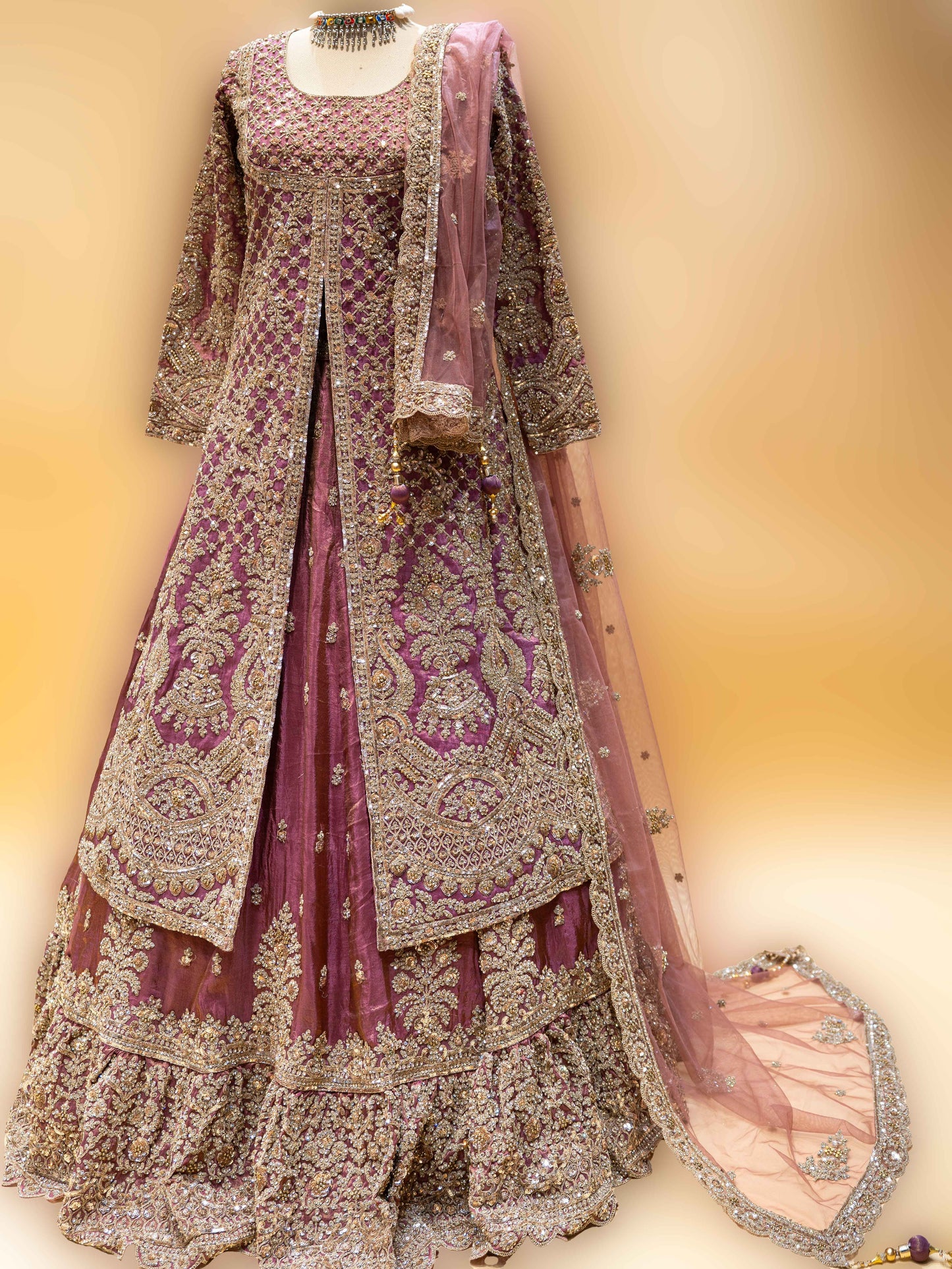 "Dusty Mauve Heavy  Embroidered  Jacket Style  Lehenga Set with  Net Dupatta"