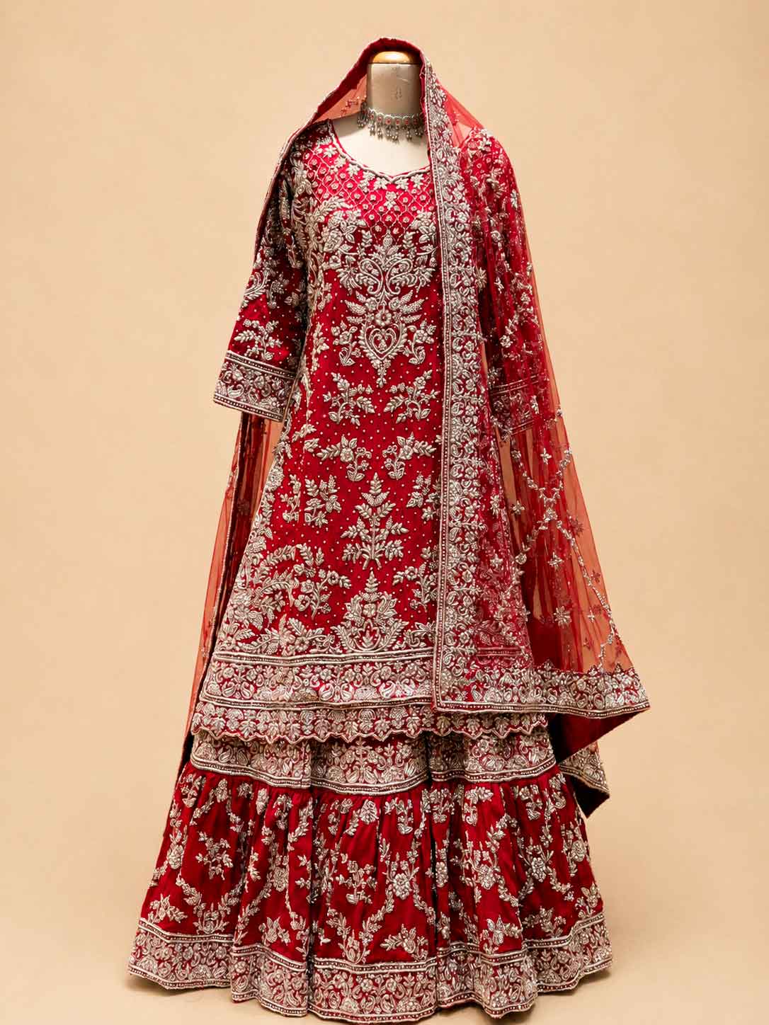 Bridal Red Heavy Embroidered Sharara Suit Set with Net Dupatta