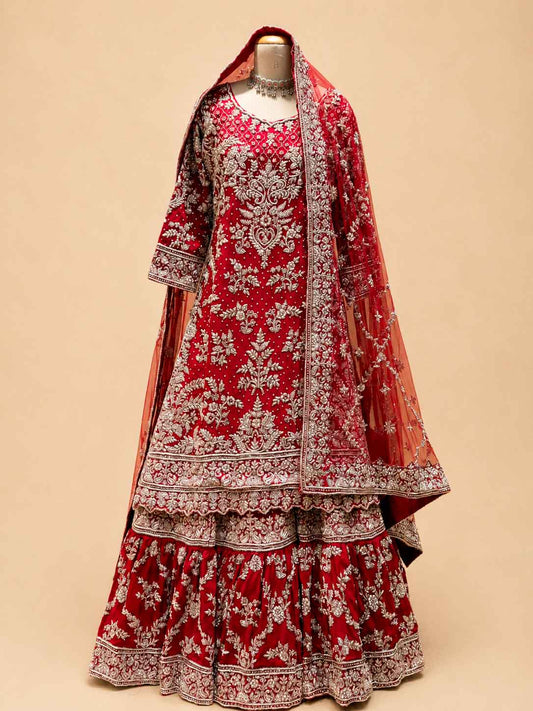 Bridal red heavy embroidered sharara suit set with net dupatta - view 2