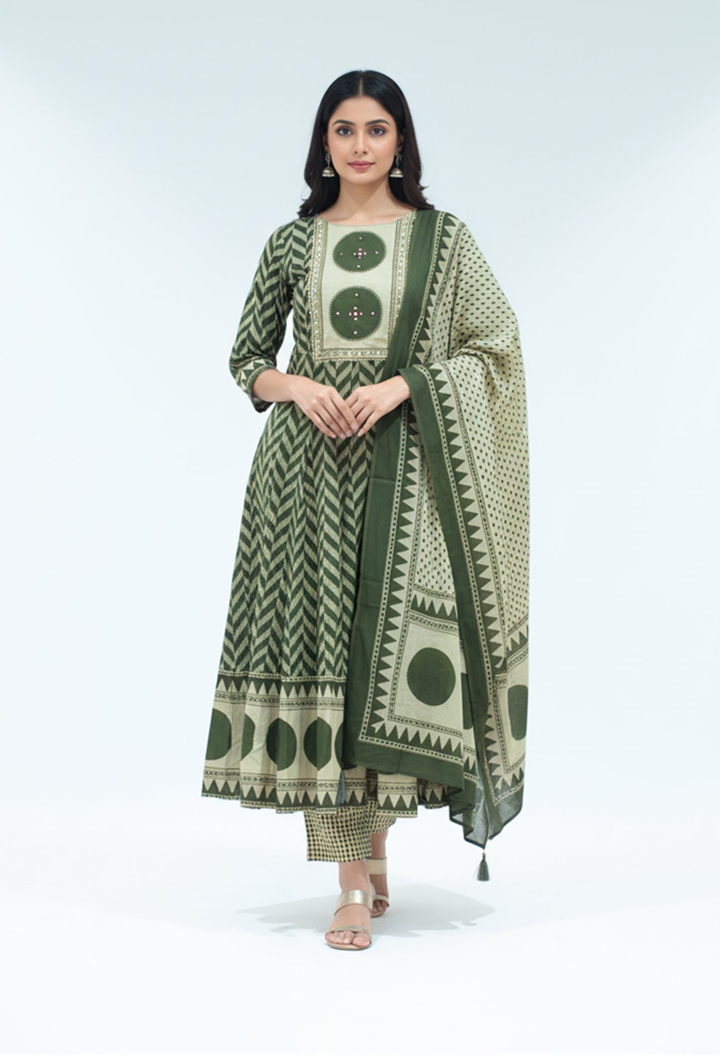 Olive Green & Beige Printed Kurta Pant Set with Dupatta for Women ( DIPEN-534 GREEN )