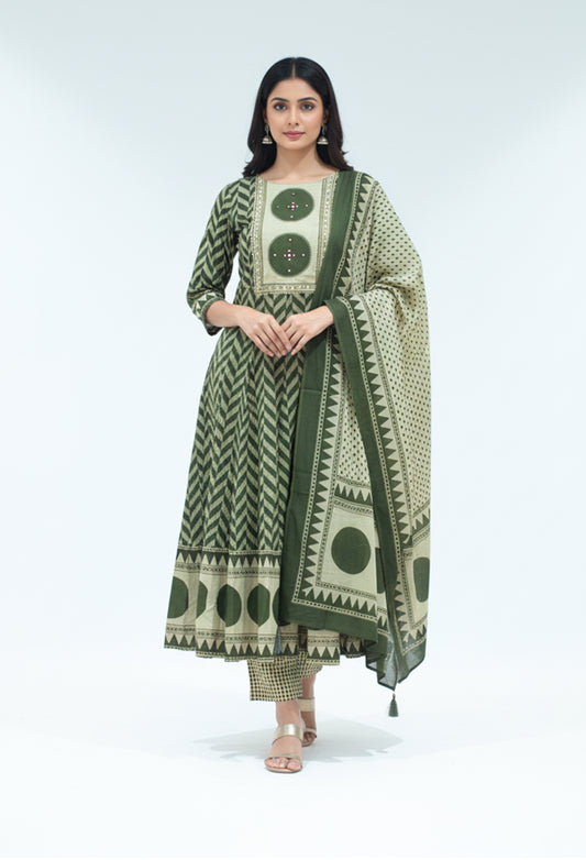 Olive green and beige printed kurta pant set with dupatta for women – product image 2