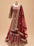 Maroon Heavy Embroidered Sharara Suit Set with Net Dupatta