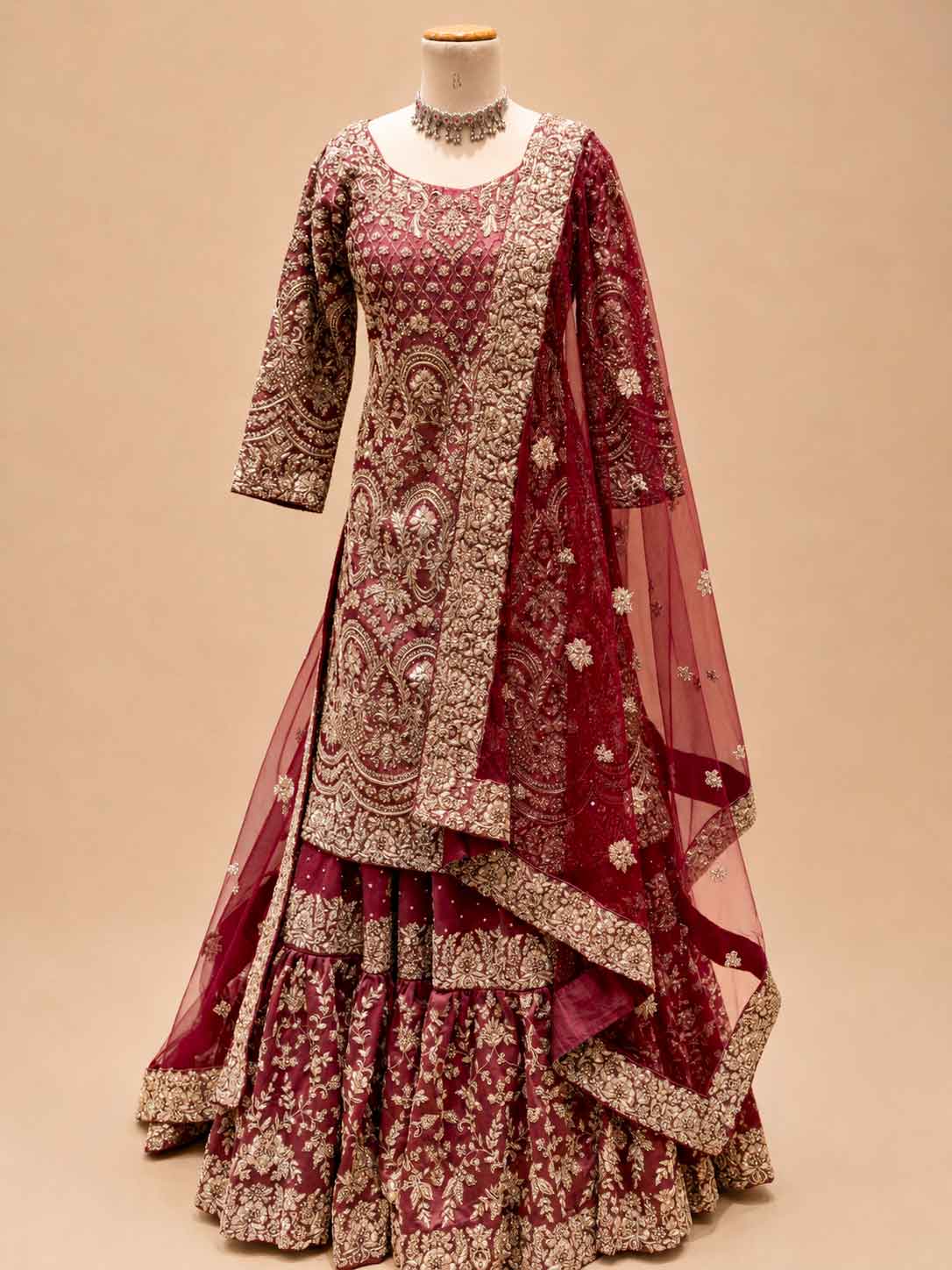 Maroon Heavy Embroidered Sharara Suit Set with Net Dupatta