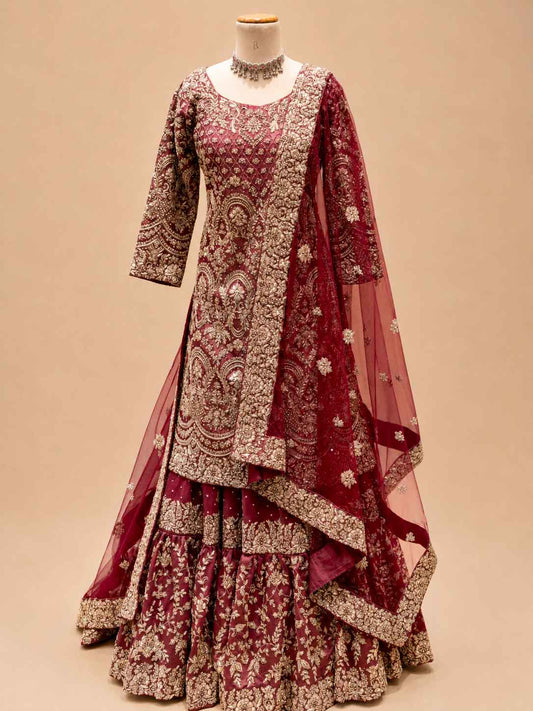 Maroon heavy embroidered sharara suit set with net dupatta - view 2
