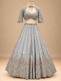 Silver Grey & Navy Blue Embroidered Lehenga Set with Dupatta for Women