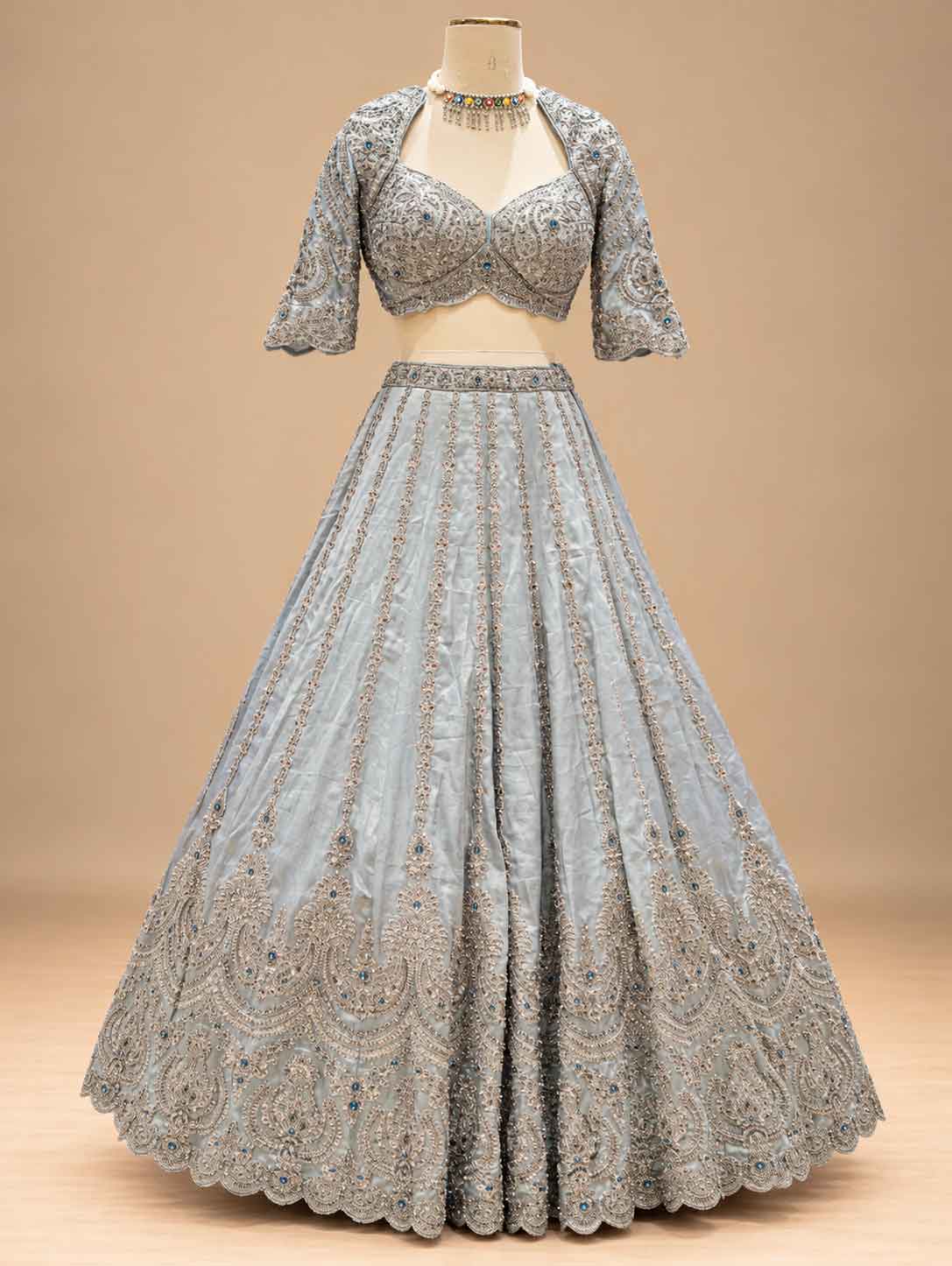 Silver Grey & Navy Blue Embroidered Lehenga Set with Dupatta for Women