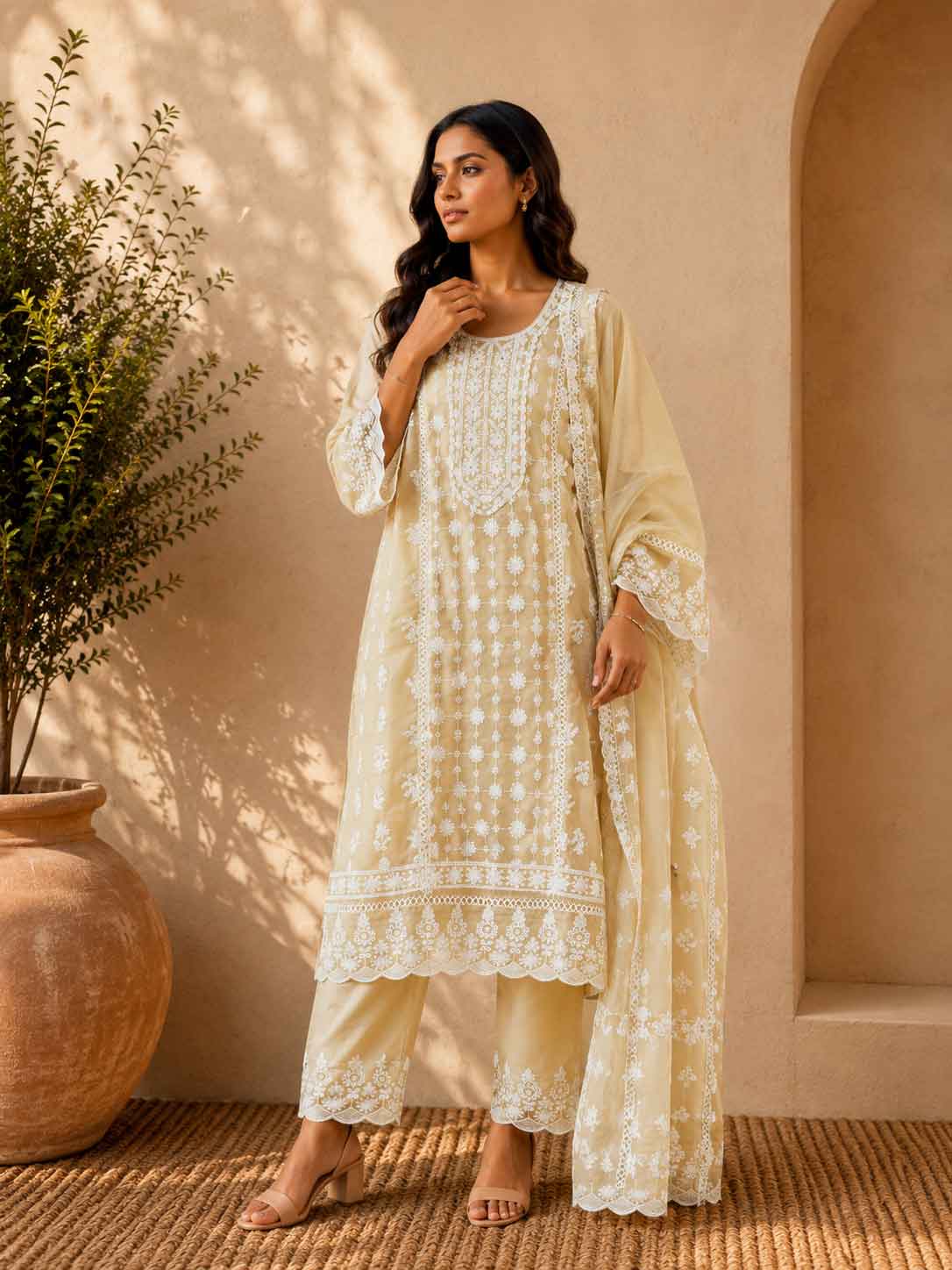 Cream Embroidered Kurta Pant Set with Dupatta for Women | Elegant Ethnic Wear