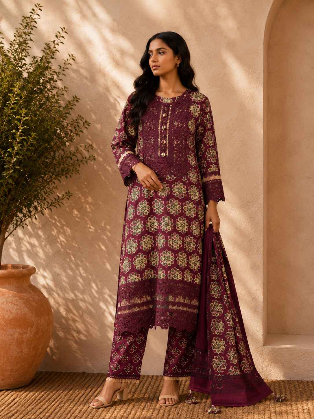 Maroon Floral Printed Kurta Pant Set with Dupatta for Women | Elegant Ethnic Wear