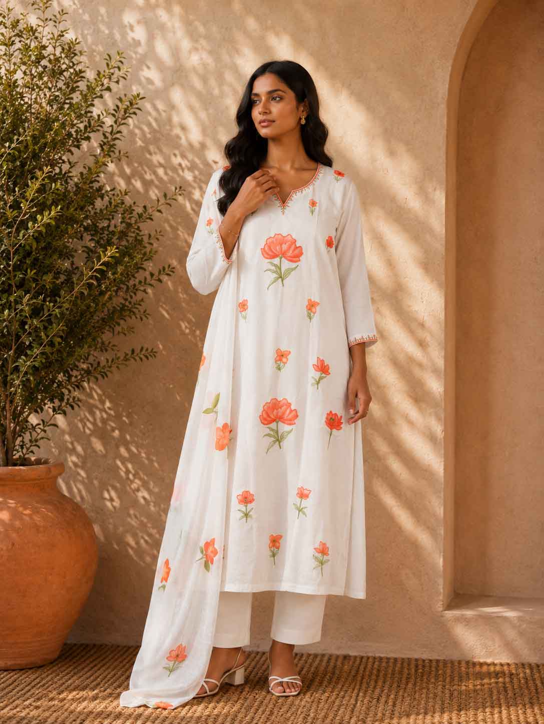 White & Orange Floral Embroidered Kurta Pant Set with Dupatta for Women | Elegant Ethnic Wear