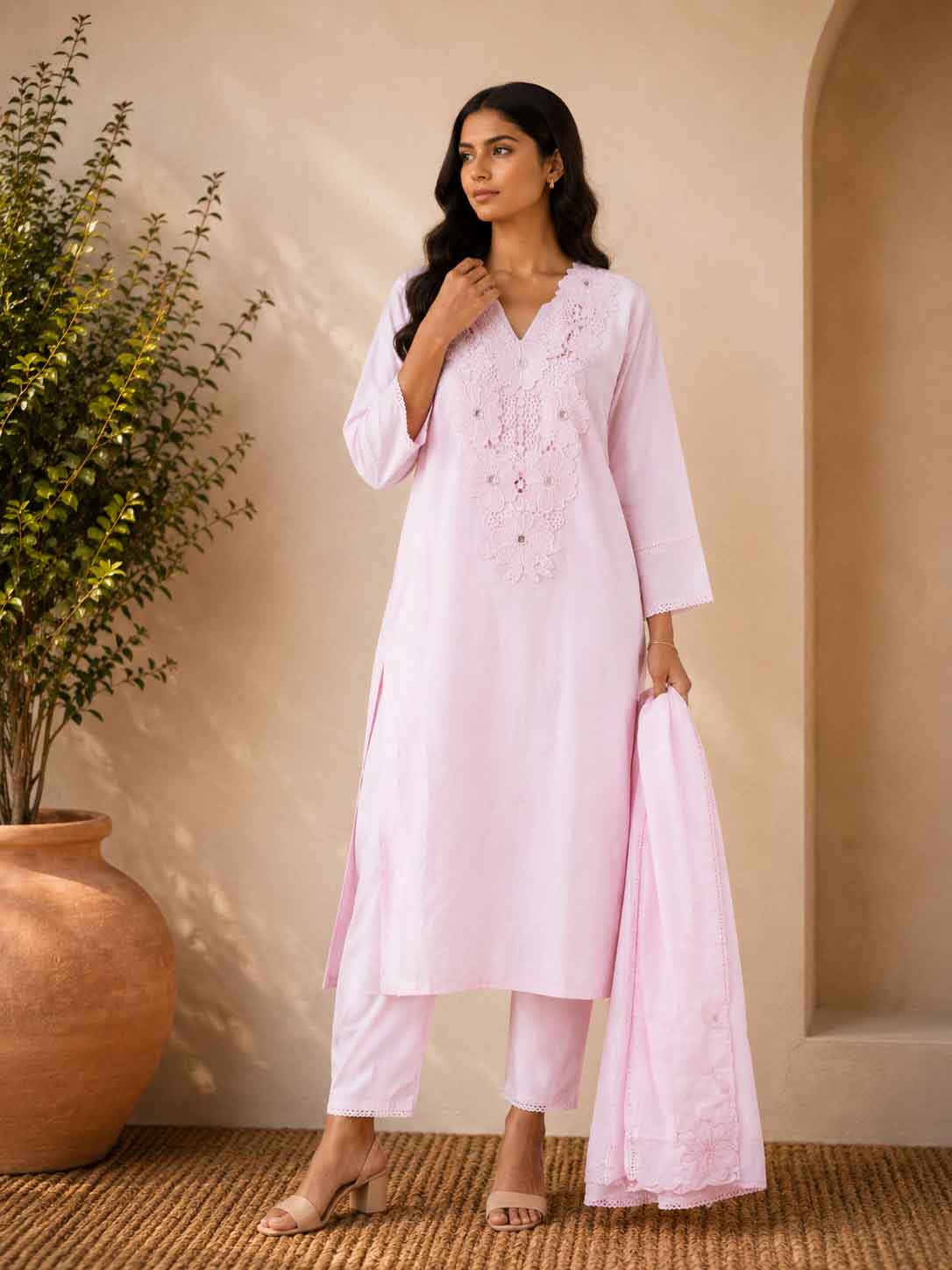 Pastel Pink Embroidered Kurta Set for Women | Straight Kurta with Matching Pants & Dupatta