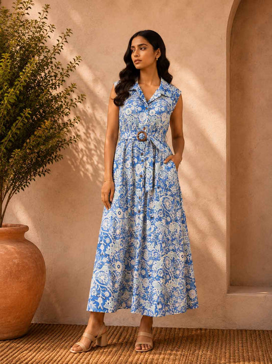 Front view of Blue & White Floral Printed Maxi Dress for Women by ASMA, Bengaluru