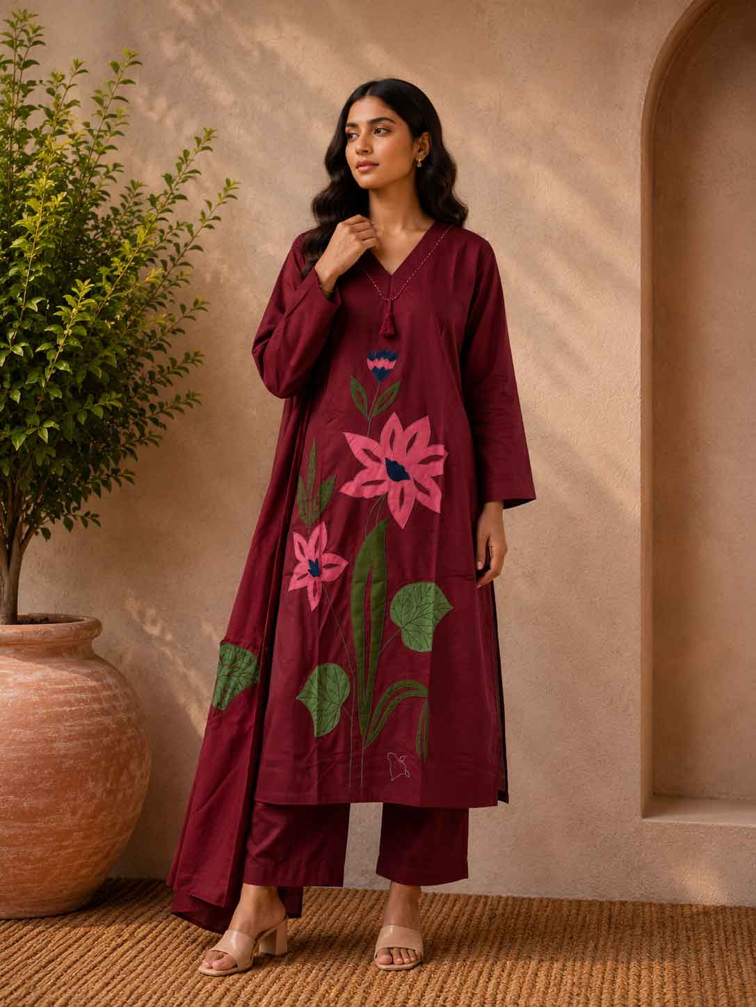 Maroon Floral Printed Kurta Set for Women | Straight Kurta with Matching Pants & Dupatta