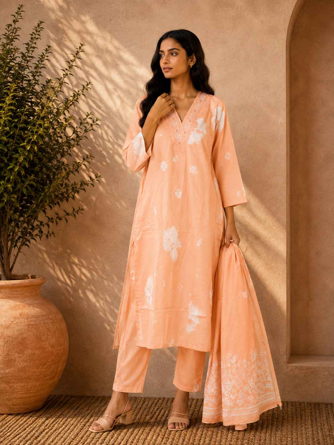 Peach Printed Kurta Set for Women | V-Neck Straight Kurta with Pants & Dupatta