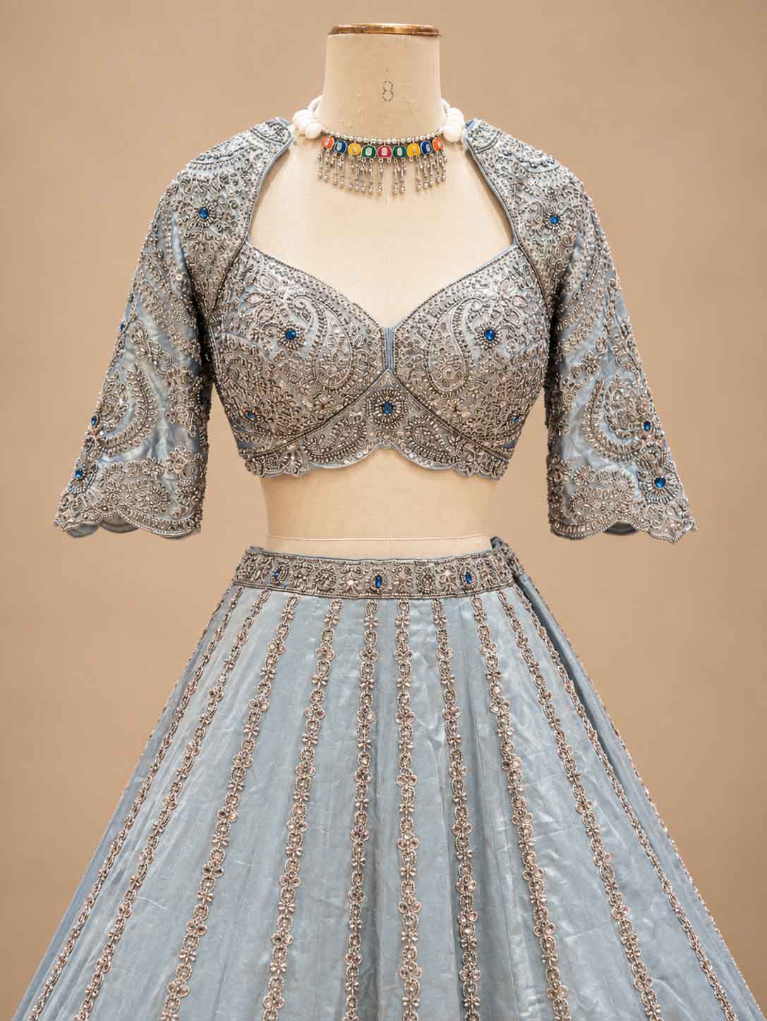 Silver Grey & Navy Blue Embroidered Lehenga Set with Dupatta for Women