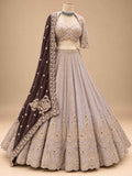 Champagne Grey Embroidered Lehenga Set with Brown Dupatta for Women